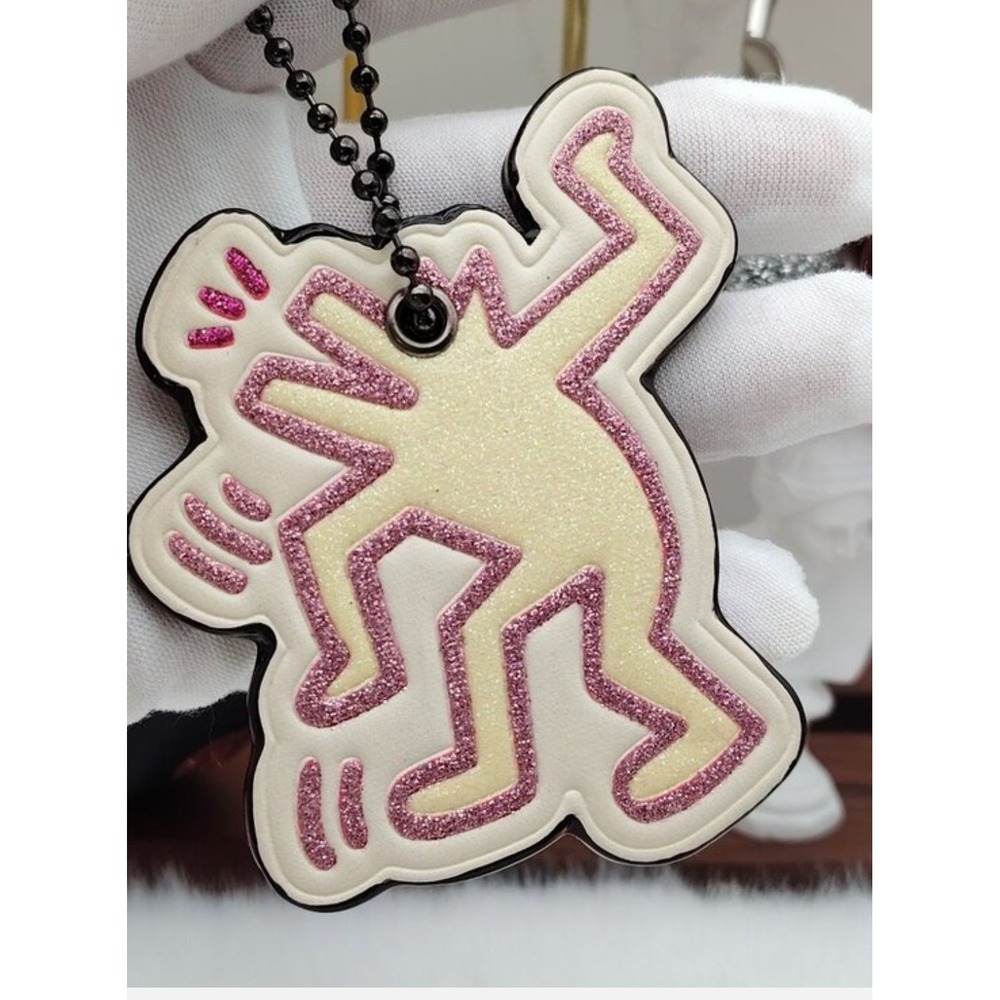 Coach x Keith Haring Dancing Man Glitter Leather Bag Charm Keychain Pink Brown